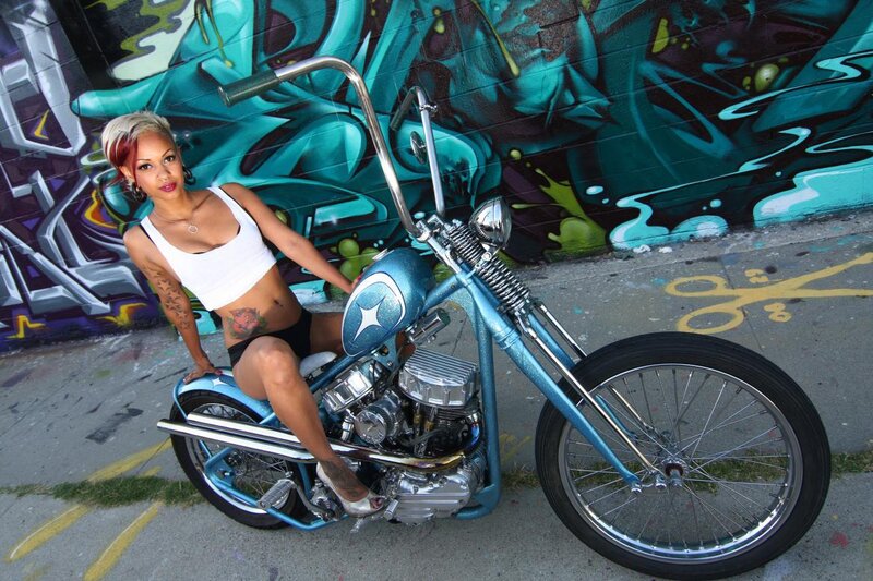 Woman on Chopper Motorcycle — Blue