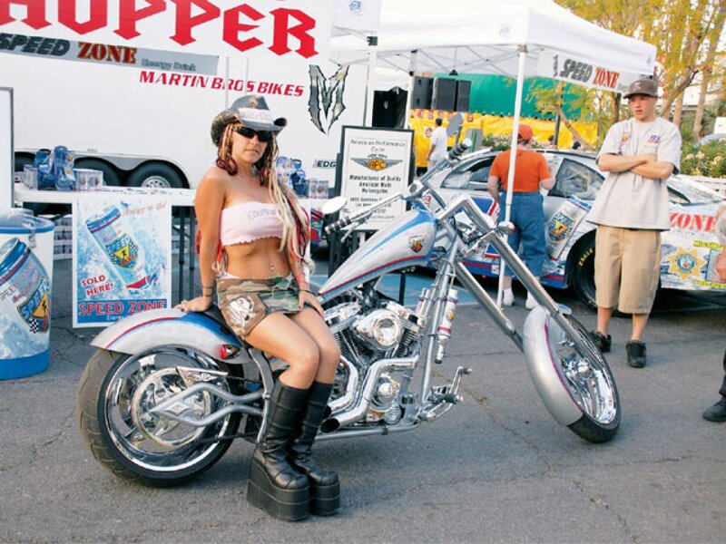 Woman on Chopper Motorcycle — White, Outdoor