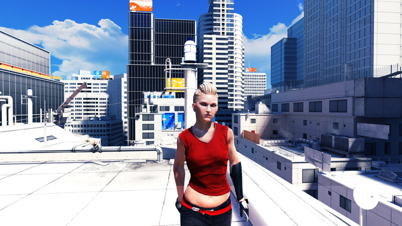 Woman on city rooftop