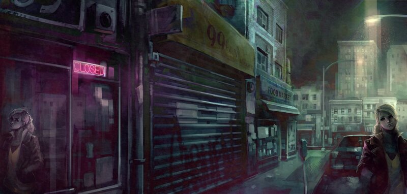 Woman on City Street — Purple, Dark