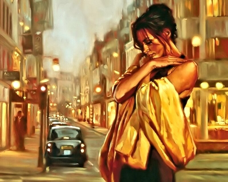 Woman on City Street — Yellow, Dramatic