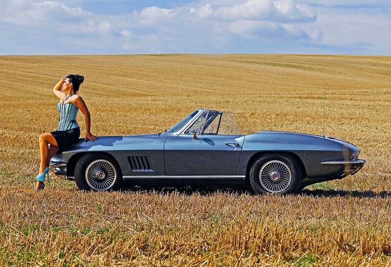 Woman on Classic Car — Blue, Serene