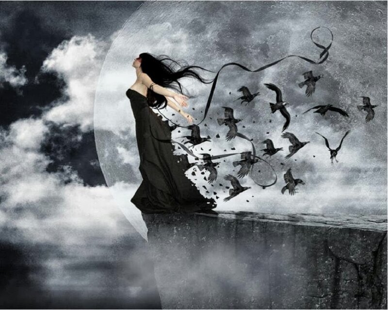 Woman on Cliff Edge — Black, Dramatic