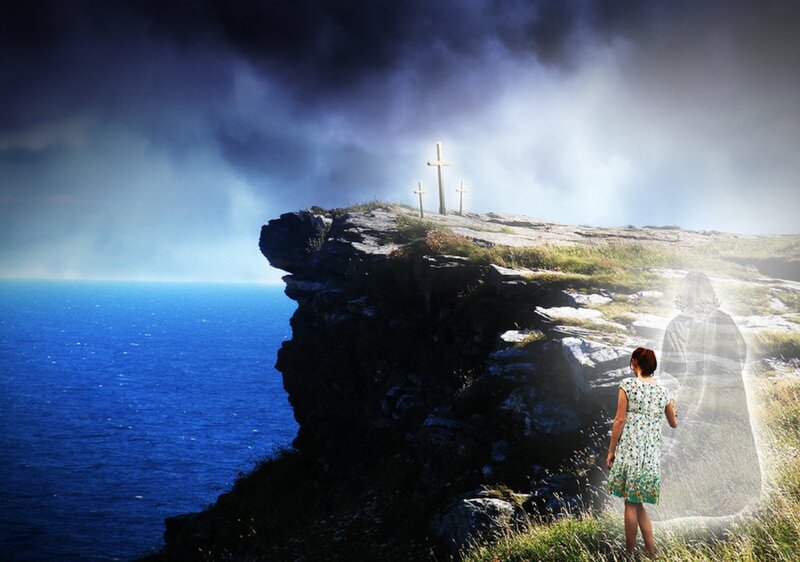 Woman on Cliff Edge — Blue, Dramatic, Afternoon