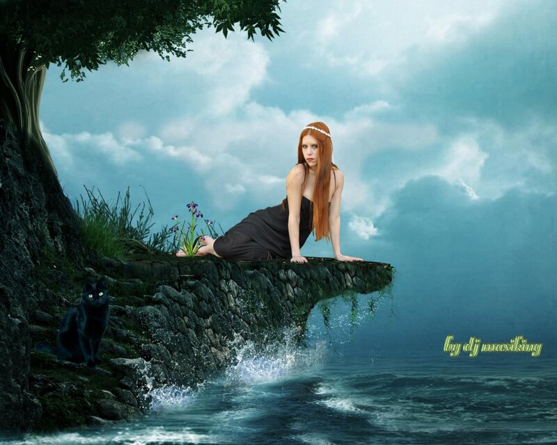 Woman on Cliff Edge — Blue, Dramatic, Digital Art, Black Cat