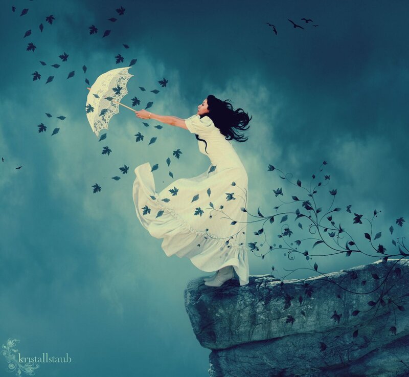 Woman on Cliff Edge — Blue, Dramatic, Digital Art