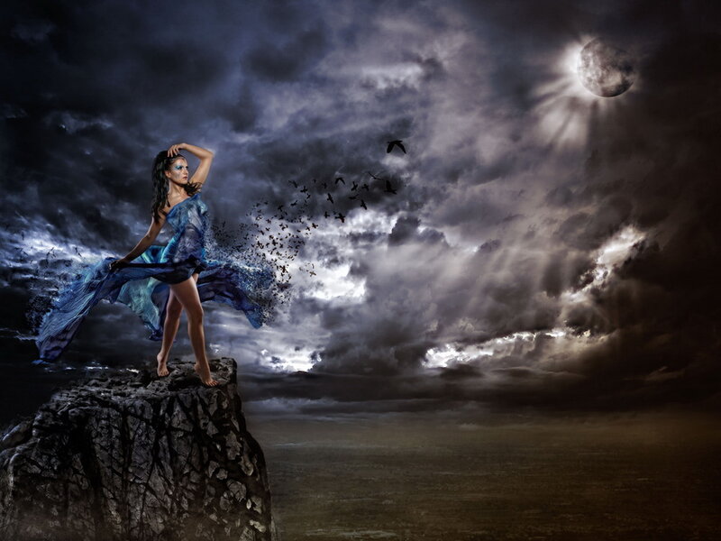 Woman on Cliff Edge — Blue, Dramatic, Night, Digital Art, Moon