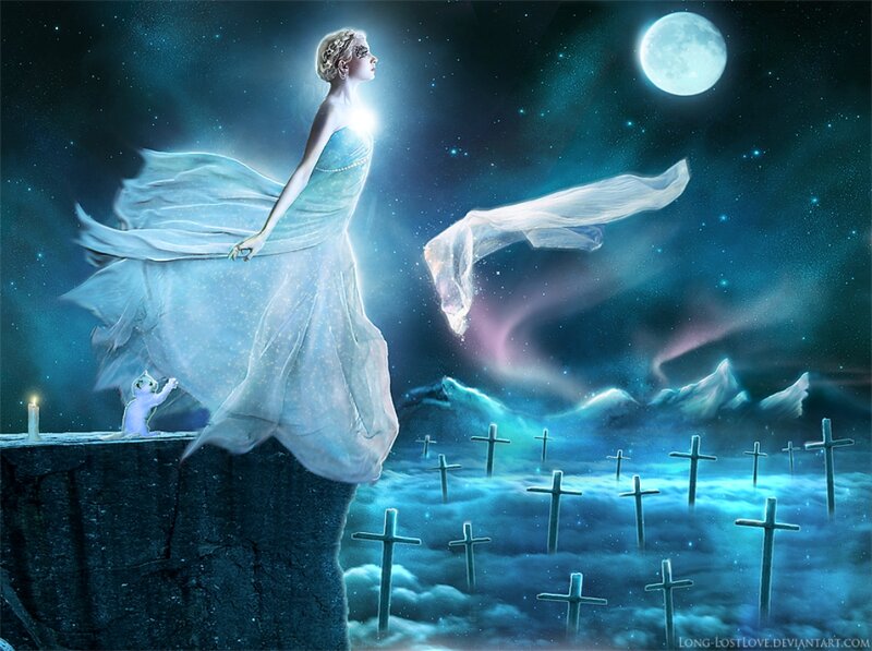 Woman on Cliff Edge — Blue, Dramatic, Night, Digital Art
