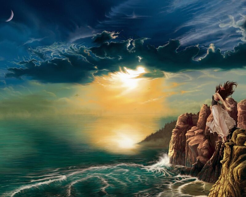 Woman on Cliff Edge — Blue, Dramatic, Sunset