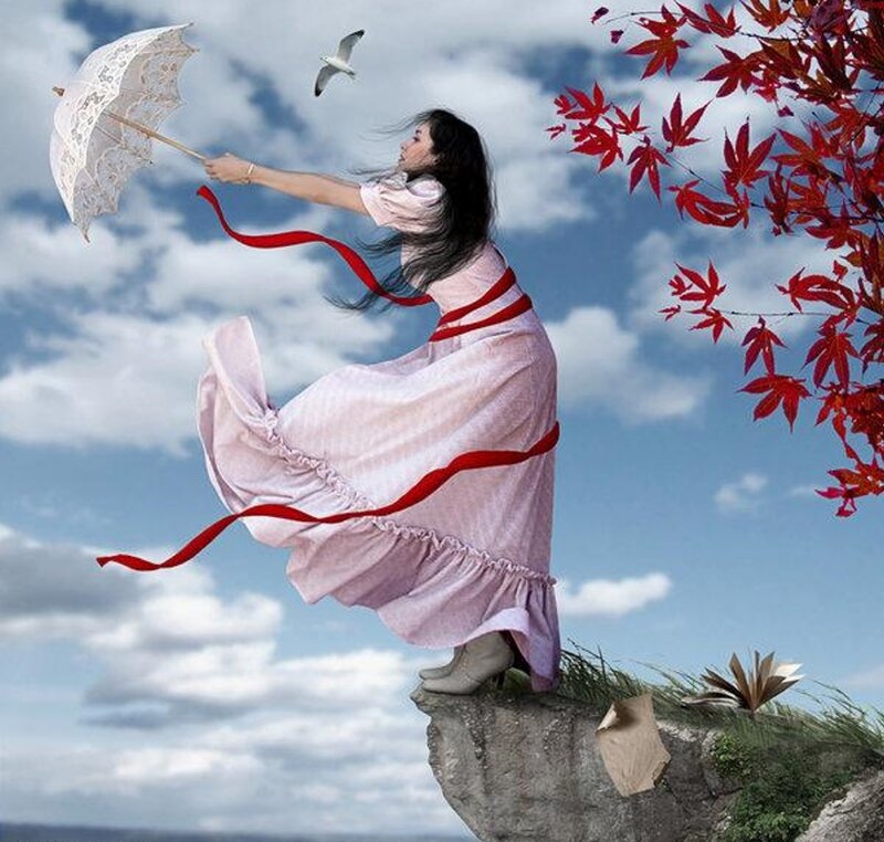 Woman on Cliff Edge — Blue, Dreamy