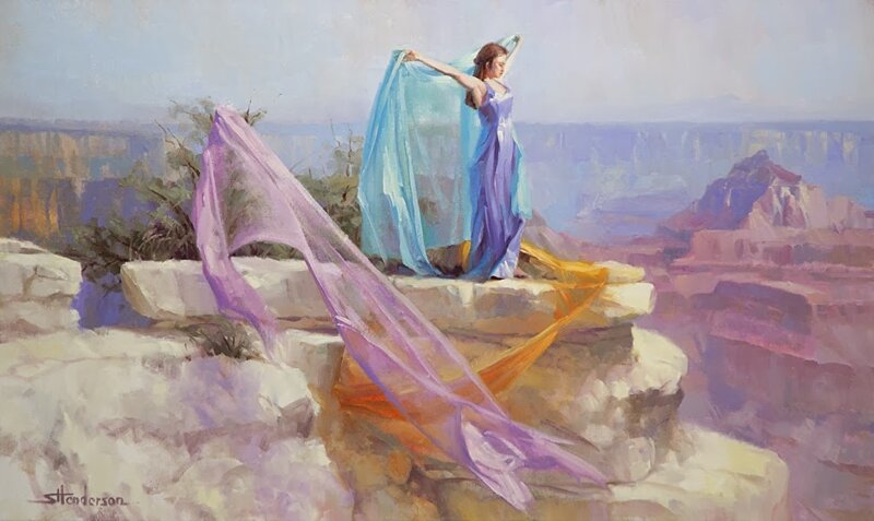 Woman on Cliff Edge — Blue, Serene, Afternoon, Painting