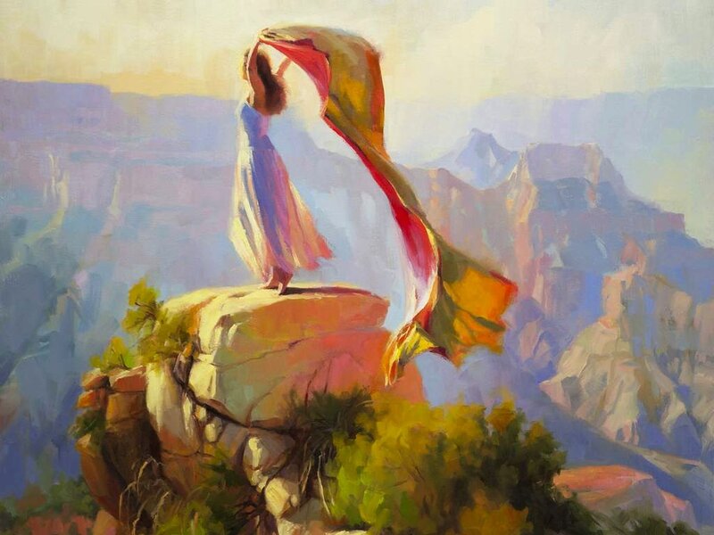 Woman on Cliff Edge — Blue, Serene, Sunset