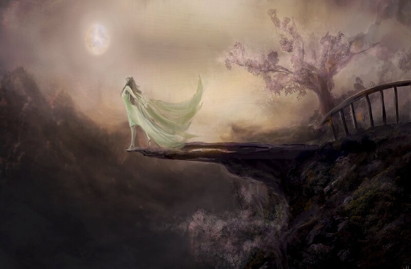 Woman on Cliff Edge — Green, Dramatic, Night