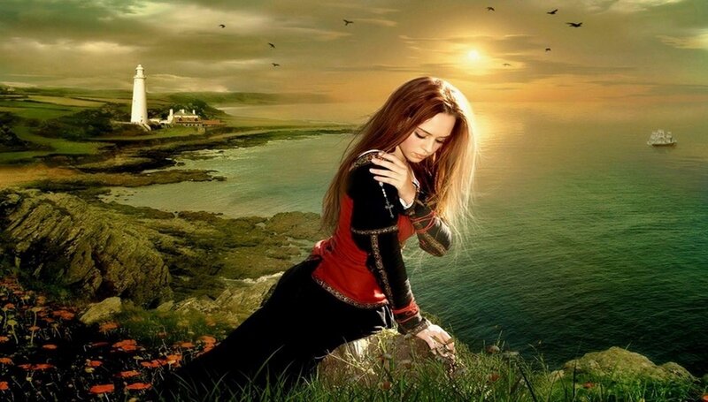 Woman on Cliff Edge — Green, Dramatic, Sunset, Digital Art, Lighthouse