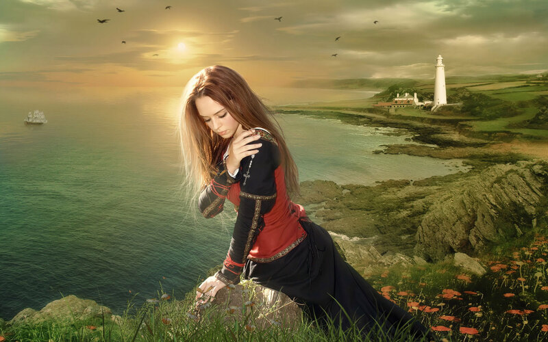 Woman on Cliff Edge — Green, Dramatic, Sunset