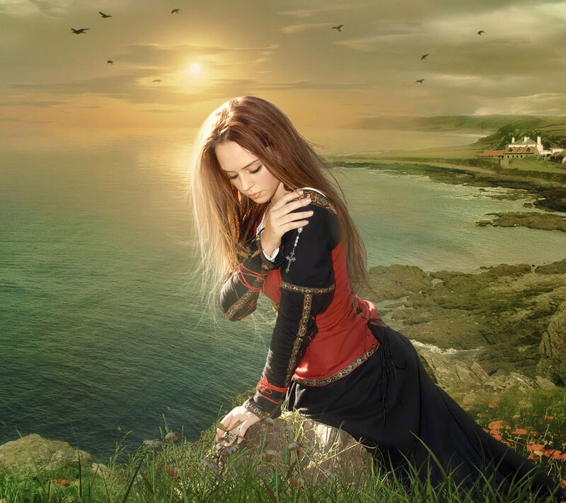 Woman on Cliff Edge — Green, Dramatic
