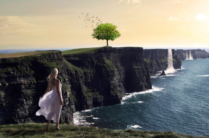 Woman on Cliff Edge — Green, Serene