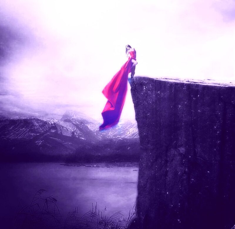 Woman on Cliff Edge — Purple, Dramatic, Digital Art