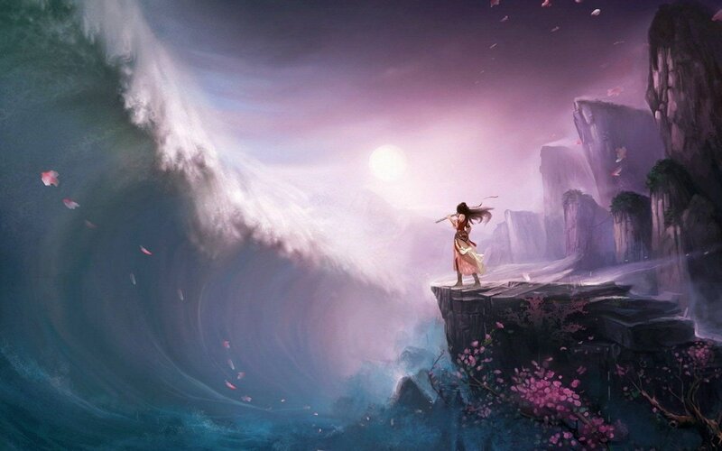 Woman on Cliff Edge — Purple, Dramatic, Night