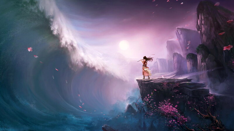 Woman on Cliff Edge — Purple, Dramatic, Sunset