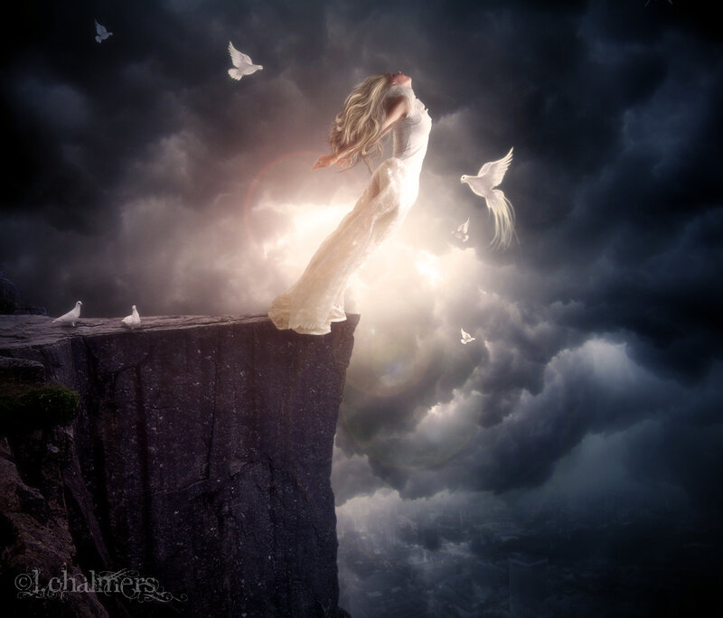 Woman on Cliff Edge — White, Dramatic