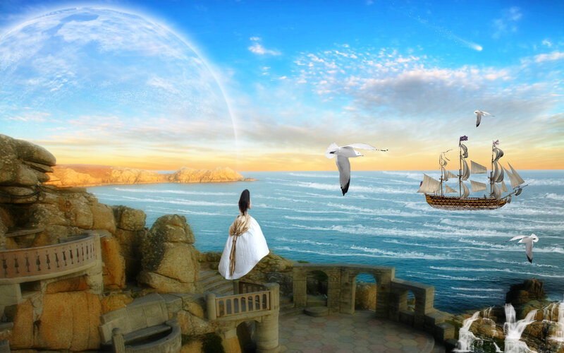 Woman on Cliff Overlooking Sea — Blue