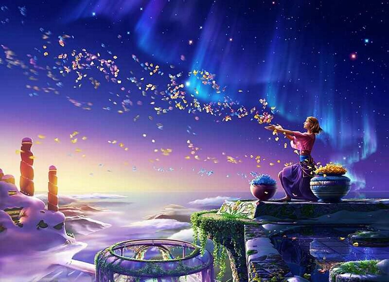 Woman on Cliff Throwing Petals — Purple