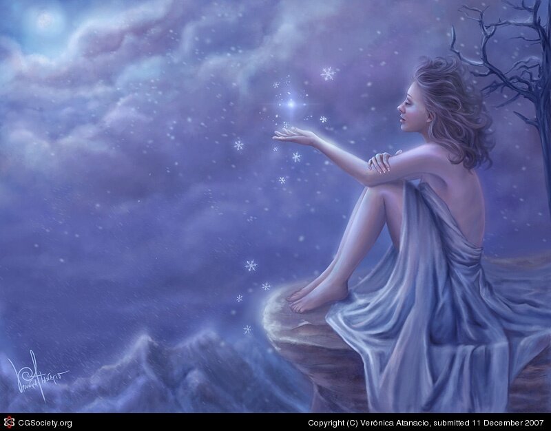 woman on cliff with snowflakes