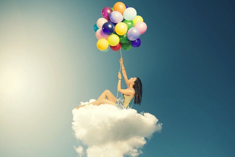 Woman on Cloud with Balloons — Blue