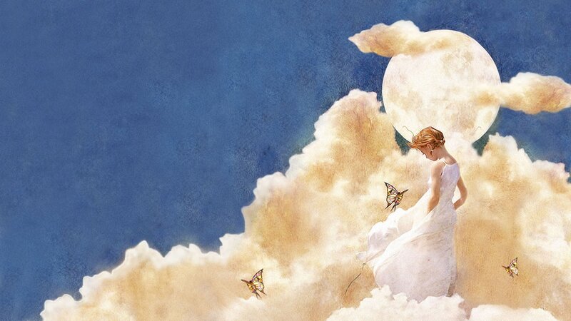 woman on cloud with butterflies