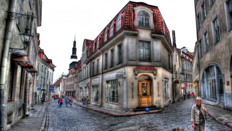 Woman on Cobblestone Street — Gray