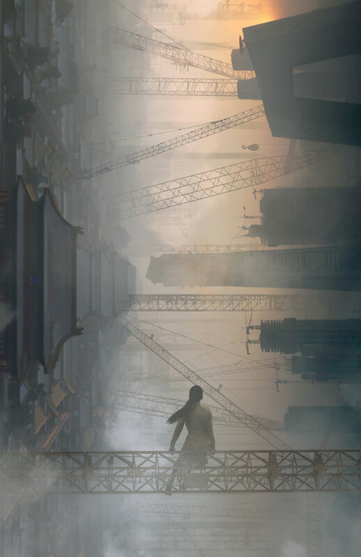 Woman on Construction Bridge