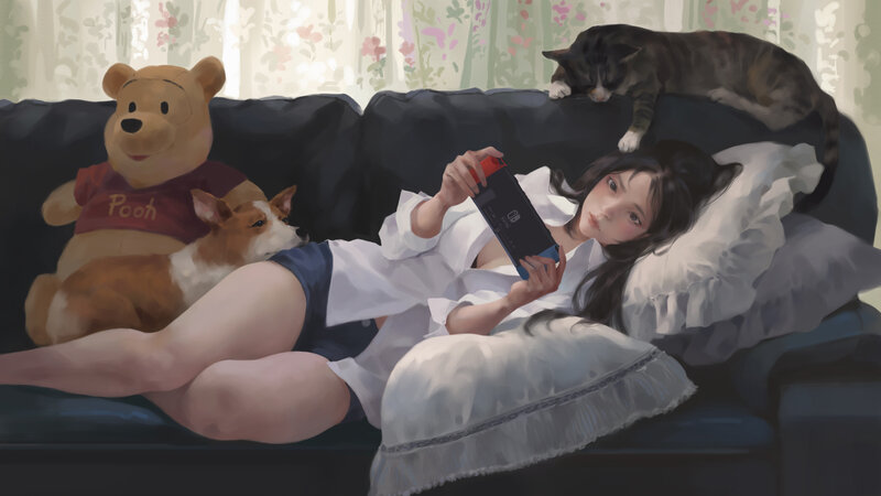 Woman on Couch with Pets