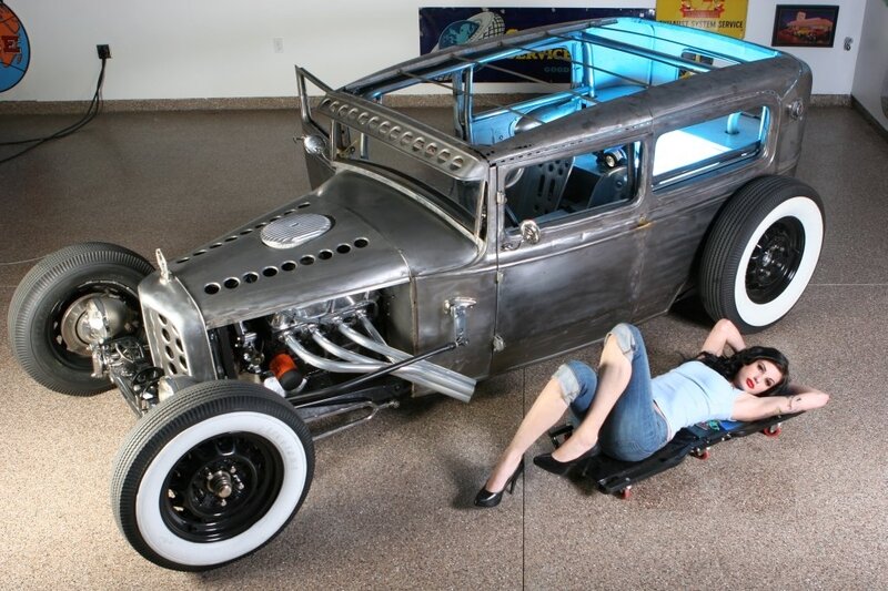 Woman on Creeper Near Hot Rod