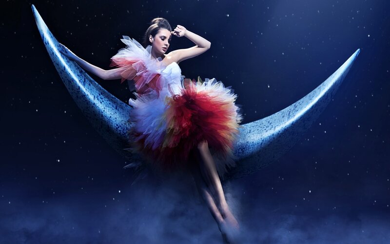 Woman on Crescent Moon — Blue, Dramatic, Night, Digital Art
