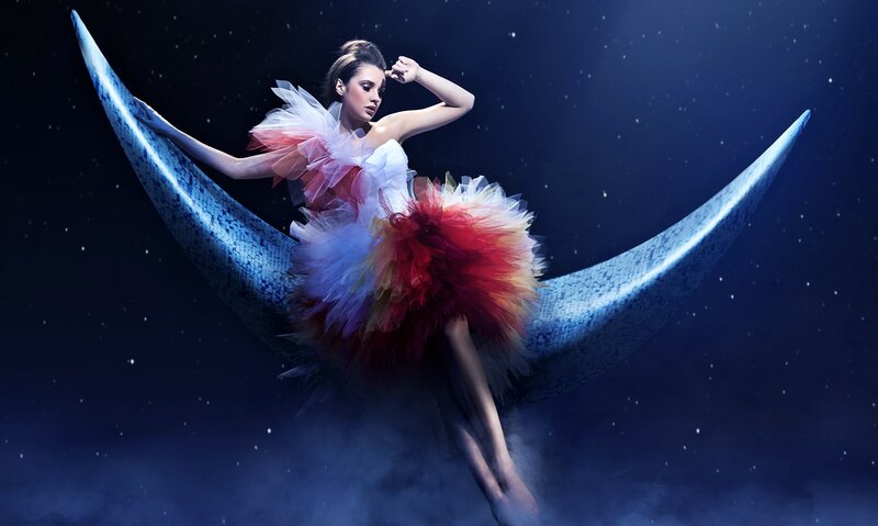 Woman on Crescent Moon — Blue, Dramatic, Night, Photograph