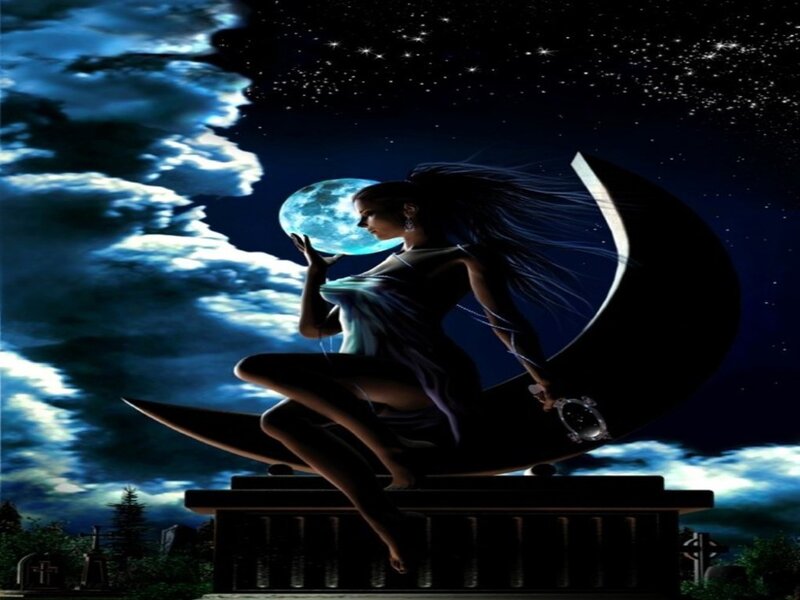 Woman on Crescent Moon — Blue, Dramatic, Night