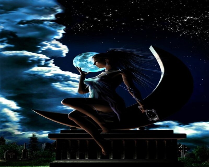 Woman on Crescent Moon — Blue, Dramatic