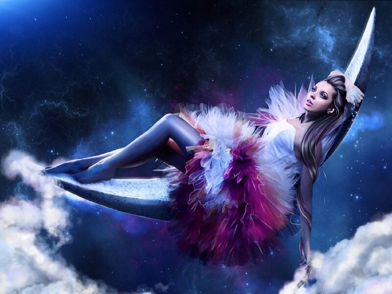 Woman on Crescent Moon — Blue, Dreamy, Night, Digital Art, Tutu