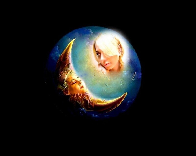 Woman on Crescent Moon — Blue, Dreamy, Night