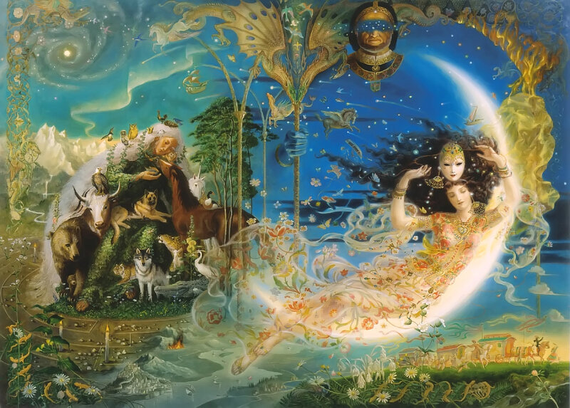 Woman on Crescent Moon — Blue, Dreamy
