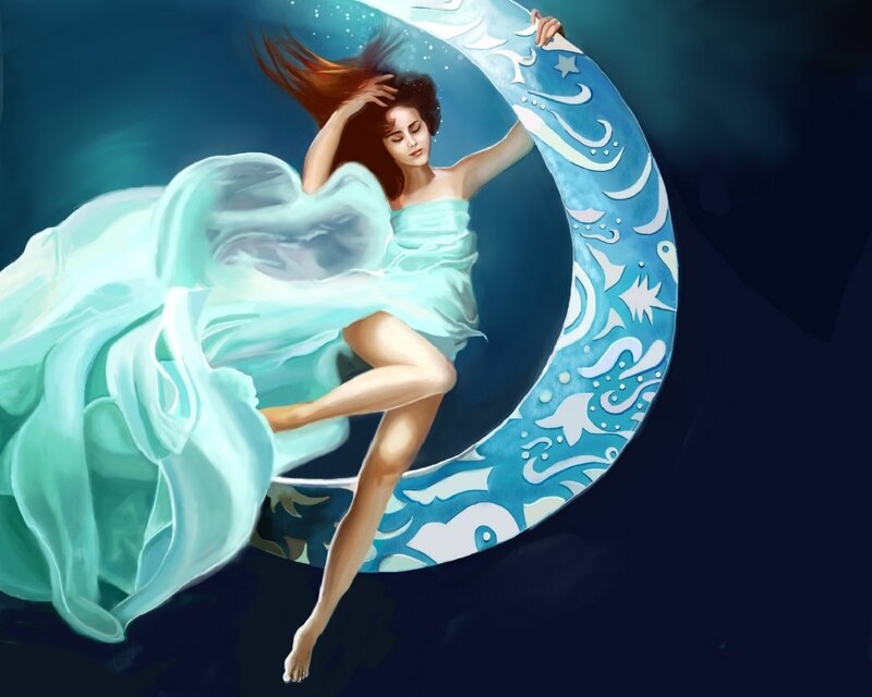 Woman on Crescent Moon — Blue, Serene, Night, Digital Art, Dress
