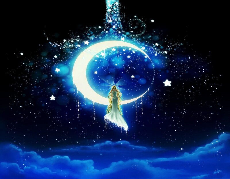 Woman on Crescent Moon — Blue, Serene, Night, Digital Art, Stars