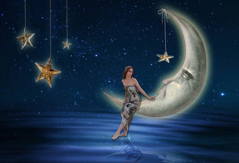 Woman on Crescent Moon — Blue, Serene, Night, Digital Art, Stars, Water