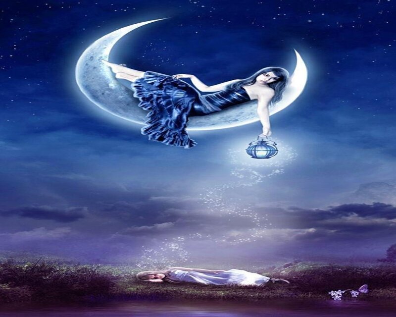 Woman on Crescent Moon — Blue