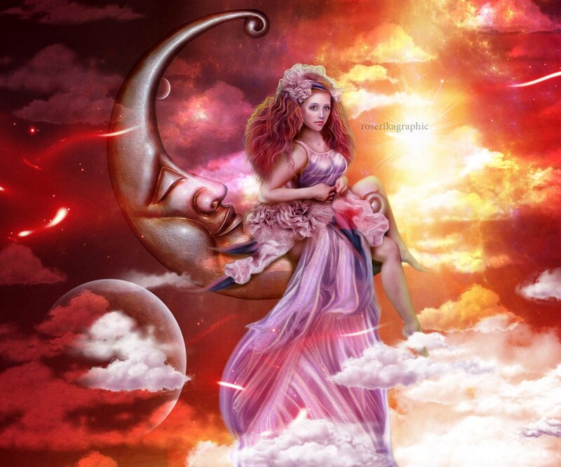 Woman on Crescent Moon — Purple, Dramatic, Sunset