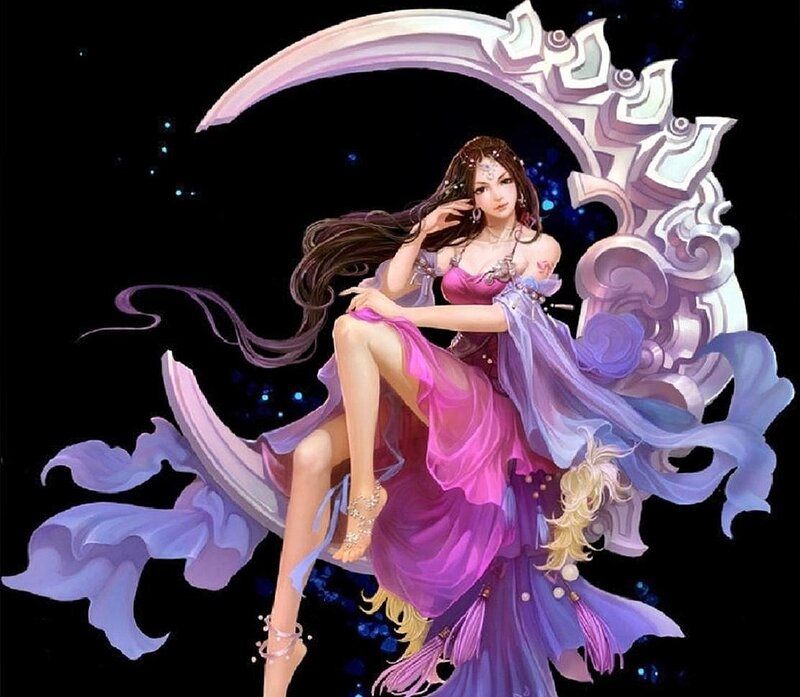 Woman on Crescent Moon — Purple, Dramatic