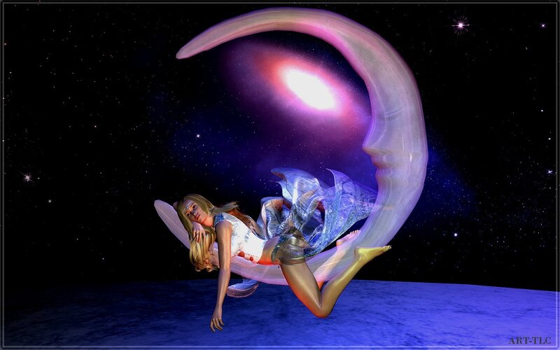 Woman on Crescent Moon — Purple, Dreamy, Night, Digital Art, Galaxy