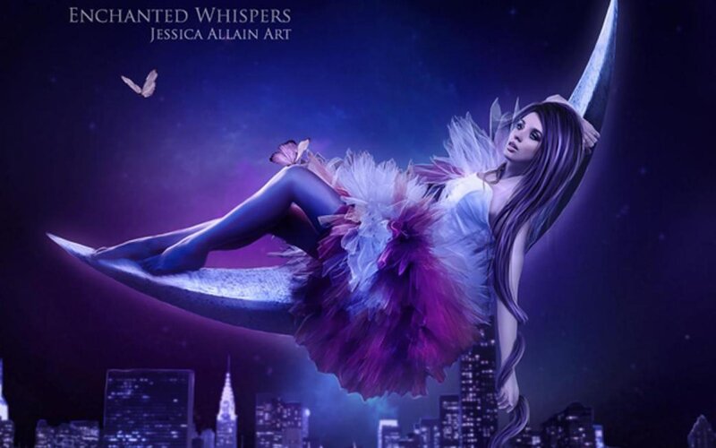 Woman on Crescent Moon — Purple, Dreamy, Night, Digital Art