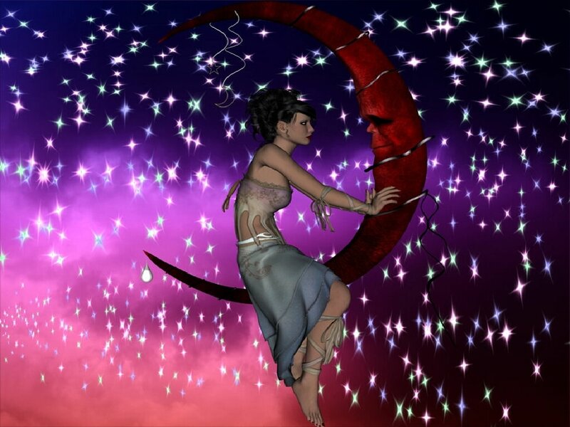 Woman on Crescent Moon — Purple, Fantastical